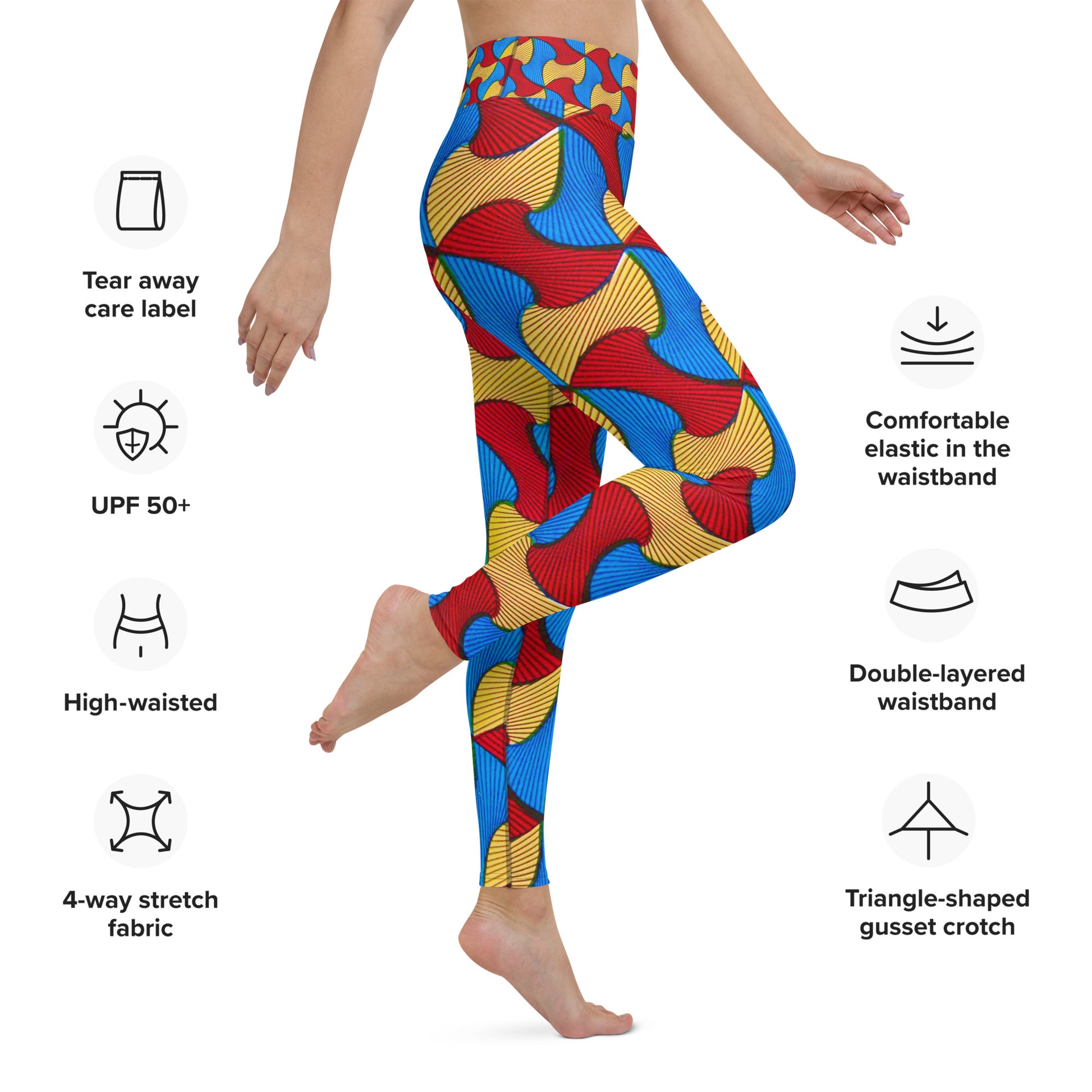 Side feature view of Santi Ankara print  leggings detailing comfortable elastic, double-layered waistband, triangle-shaped gusset crotch, 4-way stretch fabric, and tear-away care label.