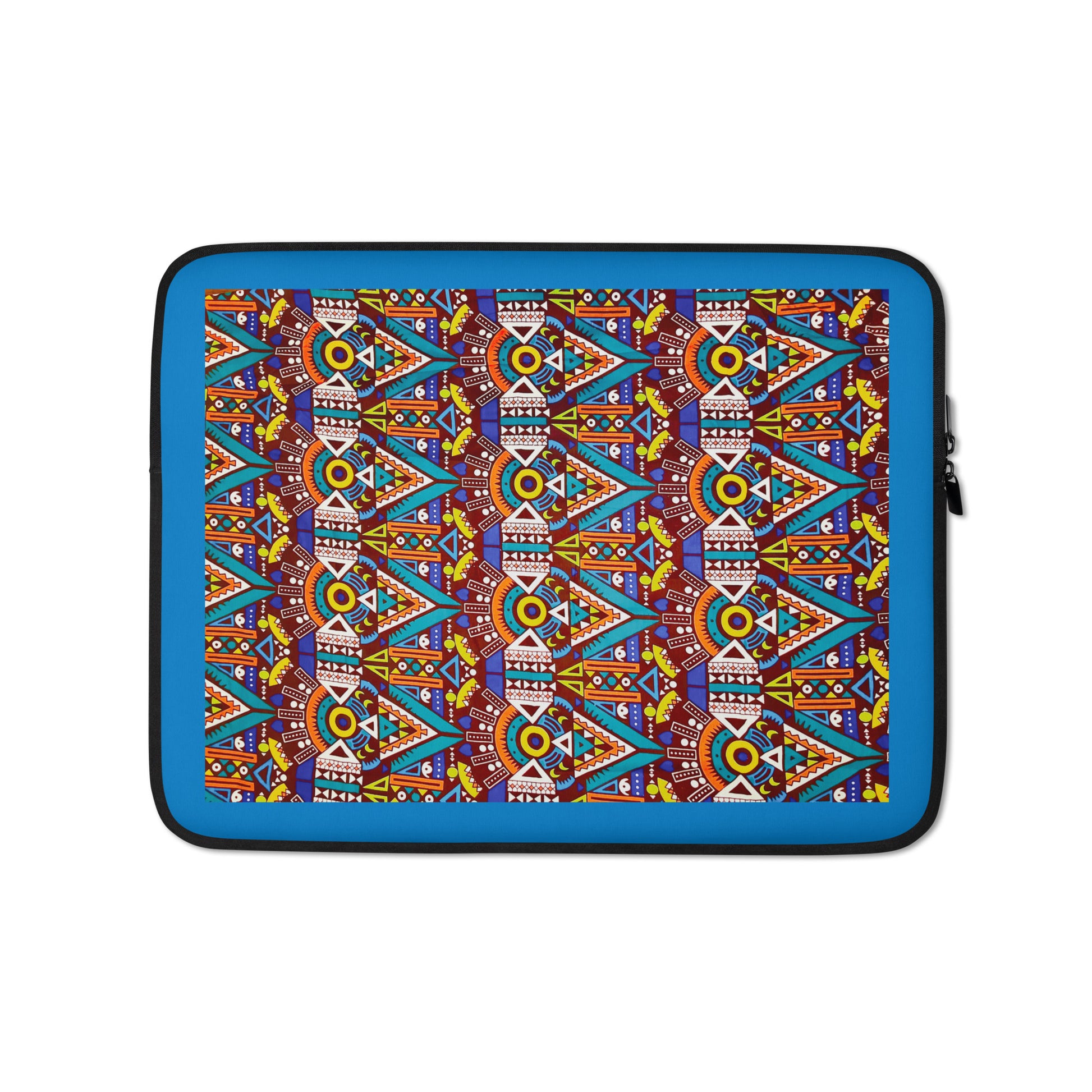 A 13 inch laptop sleeve with a  colorful geometric Aztec print pattern featuring various shapes in blue, orange, and purple hues on a brown background.