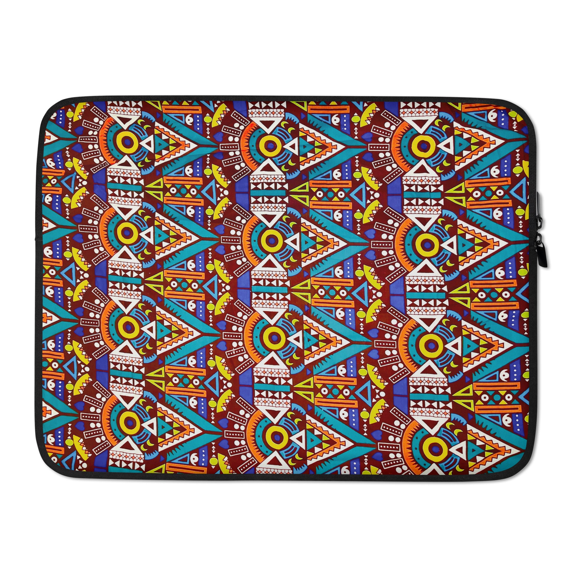 A 15 inch laptop sleeve with a colorful geometric Aztec print pattern featuring various shapes in blue, orange, and purple hues on a brown background.